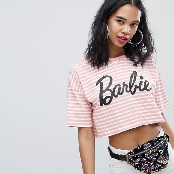 Missguided Barbie Stripe Crop T-Shirt Black/ White/Says "Barbie is A Fugly Sl@t - Picture 3 of 6